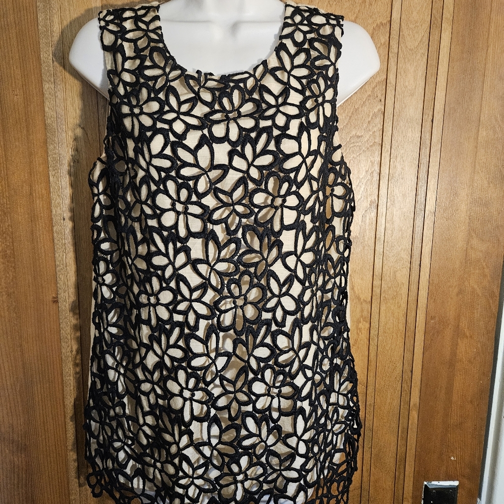 Neiman Marcus Target Lela Rose Silk Tank Top Black Floral Overlay Tan Liner, M